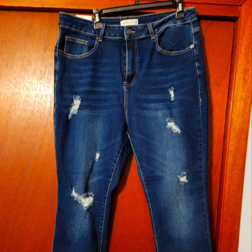 Indigo Stitch Denim, 1X, Dark Blue, Stretchy